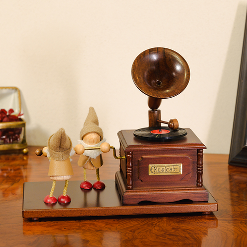 木製からくり人形オルゴール 蓄音機【EA093S】