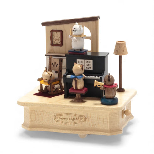 木製からくりオルゴール 猫のピアノ演奏会 Cat Play Piano【EA163S】